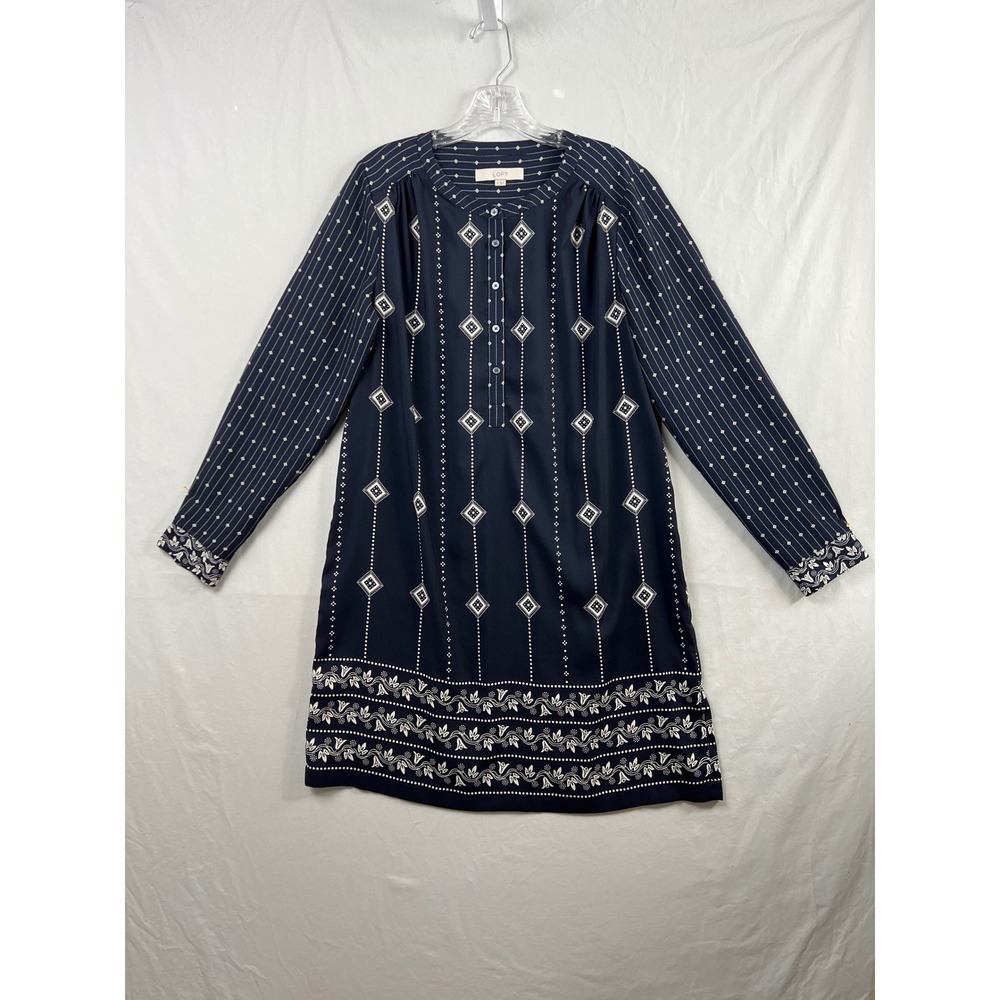 LOFT Shift Dress Women Medium Navy Blue Geometric Diamond Print Long Sleeve